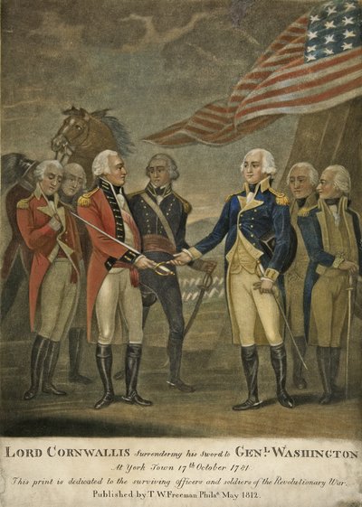 Lord Cornwallis entregando su espada al General Washington en Yorktown de American School