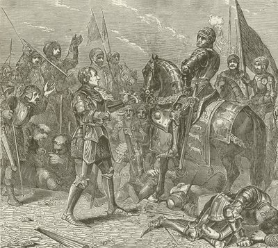 Lord Stanley llevando la corona de Ricardo a Richmond, después de la batalla de Bosworth de American School