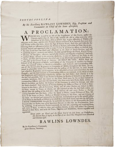 Juramento de lealtad para proteger la independencia de Carolina del Sur, 2 de abril de 1778 de American School
