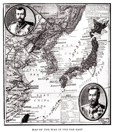 Mapa del este de Rusia, Corea y Japón durante el conflicto ruso-japonés (1904-1905). En el medallón, el zar Nicolás II de Rusia (1868-1918) y el emperador Meiji de Japón (1852-1912). Ilustración, en "Rusia y Japón y una historia completa de la guerra del de American School