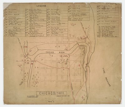 Mapa de casas y sitios históricos en Chicago, Illinois, c.1835 de American School