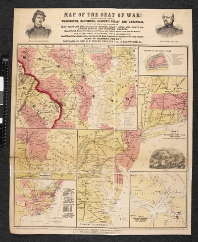 Mapa del Asiento de la Guerra. Contiene un mapa de las cercanías de Washington, Baltimore, Harper