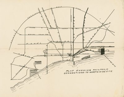 Mapa que muestra las conexiones ferroviarias al sitio propuesto de la Exposición Mundial Colombina en la Costa Norte de American School