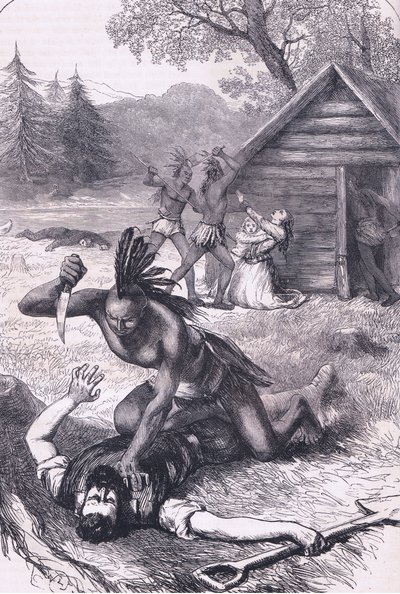 Masacre de los colonos, ilustración de la Historia de los Estados Unidos de Cassell, pub. por Petter & Galpin c.1890 de American School