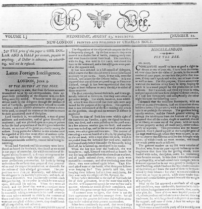 Cabecera de The Bee, impreso el 23 de agosto de 1797 de American School