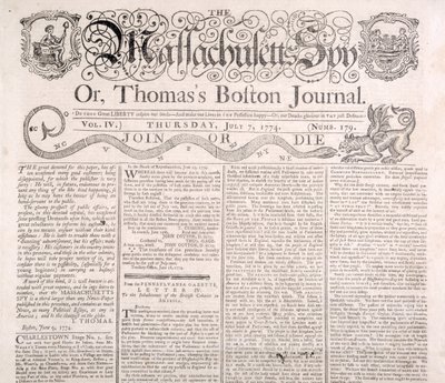 Cabecera del Massachusetts Spy 7 de julio de 1774 de American School