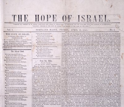 Cabecera de La Esperanza de Israel, impreso en Portland, Maine 17 de abril de 1845 de American School
