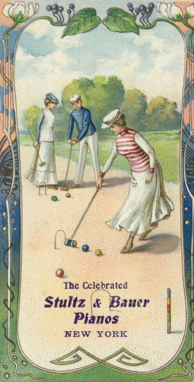 Hombres y mujeres jugando croquet de American School