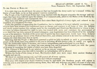 Mensaje al pueblo de Maryland para apoyar la Confederación, 8 de septiembre de 1862 de American School