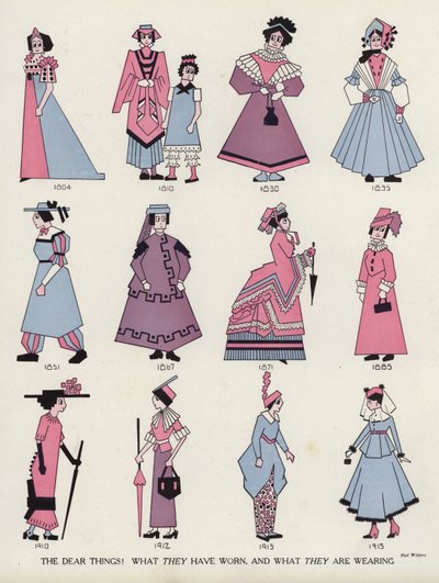 Burlas a la moda femenina a través de los tiempos (litografía en color) de American School