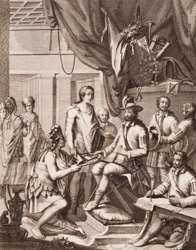 Montezuma entregando su imperio al Rey de España, dándole un tributo y prometiendo su obediencia, de la Historia de la Conquista de México de Antonio de Solís y Rivadeneira, grabado por Ximeno de American School