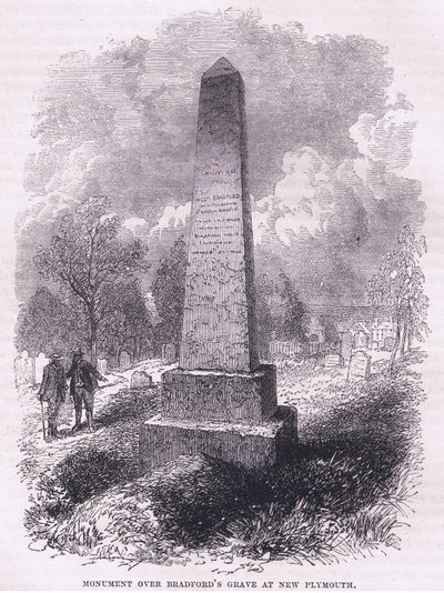 Monumento sobre la tumba de Bradford en New Plymouth 1641, ilustración de la Historia de los Estados Unidos de Cassell, publicada por Petter & Galpin c.1890 de American School
