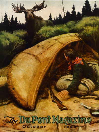 ¡Ataque de alce!, portada de la revista DuPont, octubre 1924 de American School