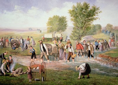 Pioneros mormones tirando de carretas en el largo viaje a Salt Lake City en 1856 de American School