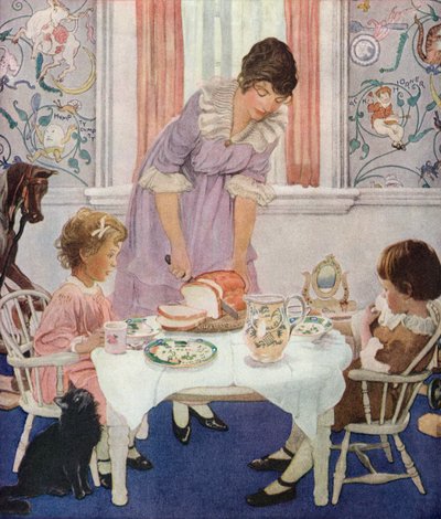 Madre cortando pan para sus hijos de American School