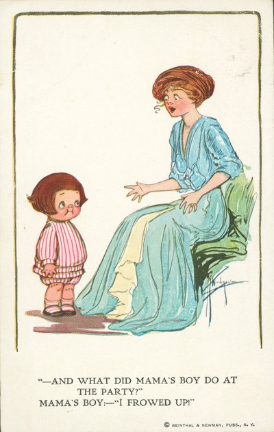 Madre preguntando a su hijo qué ha hecho en una fiesta (litografía en color) de American School