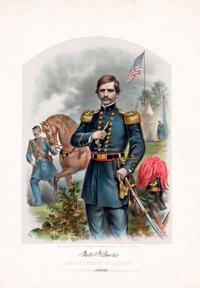 Nathaniel P. Banks, Mayor General del Ejército de EE.UU., pub. 1861 litografía en color de American School