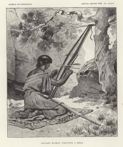 Mujer Navajo tejiendo un cinturón de American School