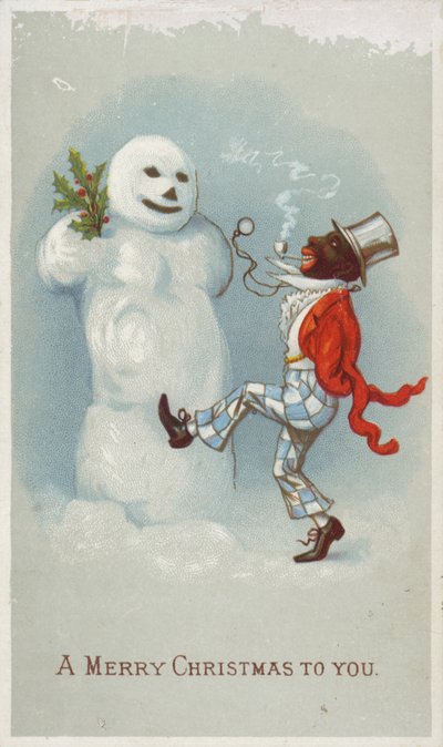 Tarjeta de Navidad con negro y muñeco de nieve de American School
