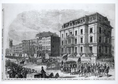 Ciudad de Nueva York: Manifestación de los habitantes de color de Nueva York en honor a la adopción de la Decimoquinta Enmienda a la Constitución de los Estados Unidos, 8 de abril de 1870, de 