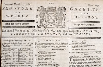 Cabecera del New York Gazette declarando su oposición a los sellos, impreso el 7 de noviembre de 1765 de American School