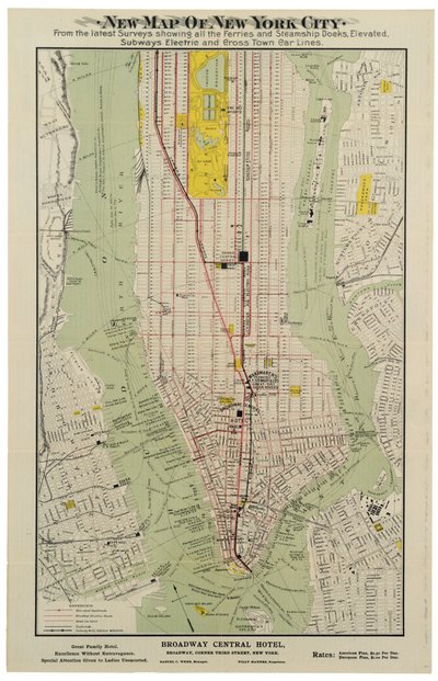 Nuevo mapa de la ciudad de Nueva York de las últimas encuestas que muestra todos los transbordadores y muelles de barcos de vapor, líneas de metro elevadas, eléctricas [sic] y de tranvías transversales de American School