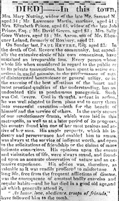 Página de obituarios del Boston Intelligencer, 16 de mayo de 1818 de American School