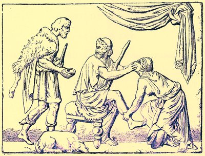 Odiseo reconocido por su nodriza, ilustración de History of Greece de Victor Duruy, publicado en 1890 de American School
