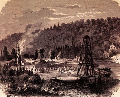 Campos petrolíferos en Titusville, Pensilvania, con el primer pozo de perforación inventado por Edwin Laurentine Drake en 1859, grabado, EE.UU. de American School
