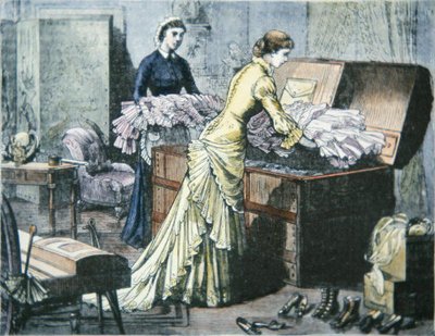 Empacando el baúl de Saratoga para el viaje en tren a Saratoga Springs, Nueva York, c.1880 de American School