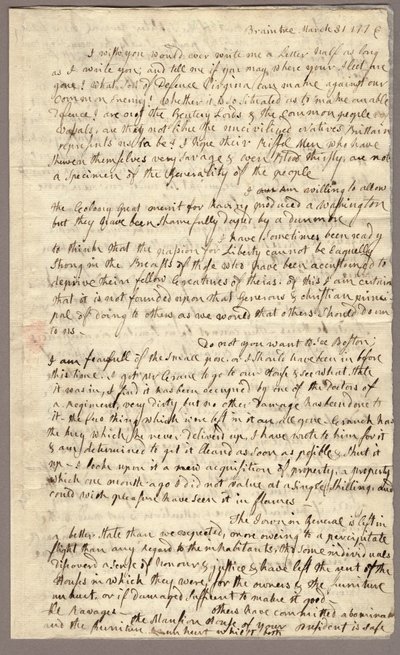 Página 1, Carta de Abigail Adams a John Adams, 31 de marzo - 5 de abril de 1776 (tinta sobre papel) de American School