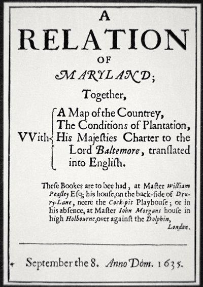 Folleto sobre la Colonia de Maryland emitido por el Segundo Lord Baltimore de American School