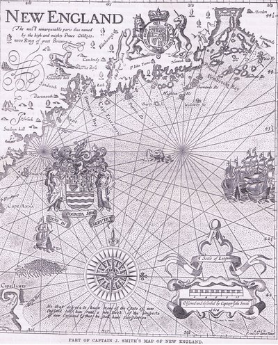 Parte del mapa del Capitán J Smith de Nueva Inglaterra, ilustración de la Historia de los Estados Unidos de Cassell, publicada por Petter & Galpin c.1890 de American School