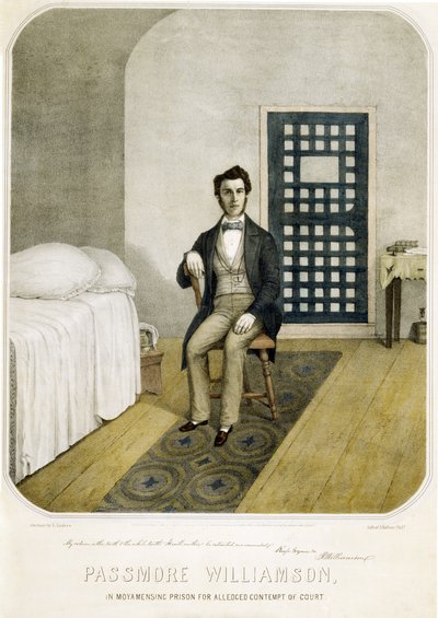 Passmore Williamson en la prisión de Moyamensing por presunto desacato al tribunal, pub. 1855 (litografía en color) de American School
