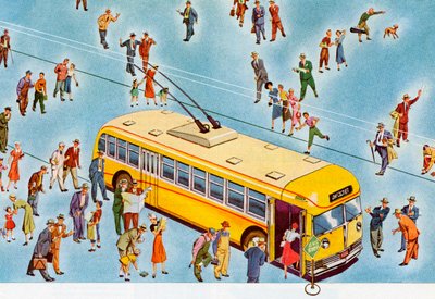 Peatones subiendo a un autobús urbano de American School