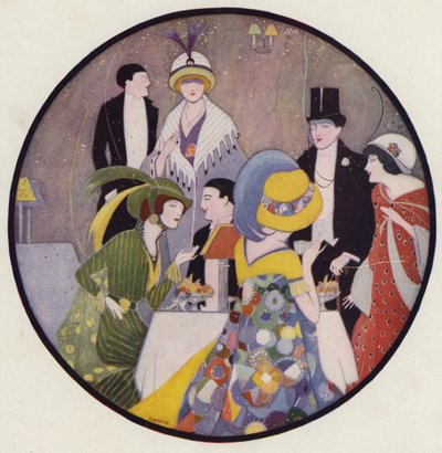 Gente socializando después de una obra de teatro, escena del cuento After The Play, de J A Waldron (litografía en color). de American School
