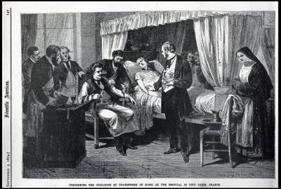 Realizando la operación de la transfusión de sangre en el Hospital de la Piedad, París, Francia, ilustración del American Scientist de American School