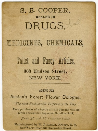 Perfumado con la colonia Flor del Bosque de Austen; S.B, Cooper, comerciante de drogas (tarjeta comercial verso) de American School