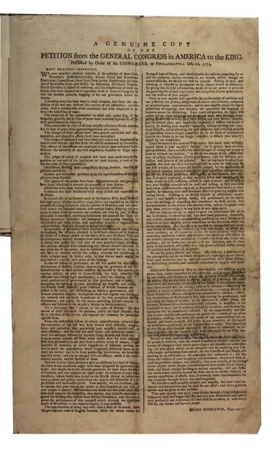 Petición del Congreso General en América al Rey, Congreso Continental, 26 de octubre de 1774 de American School