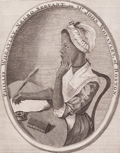 Philiis Wheatley (1753-1784). Poeta afroamericana. Frontispicio grabado de su obra «Poems» (Poemas), 1773. de American School