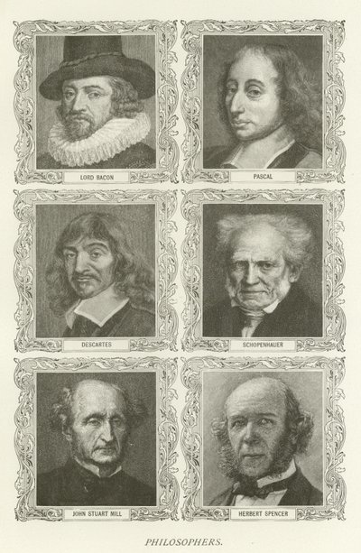 Filósofos, Lord Bacon, Pascal, Descartes, Schopenhauer, John Stuart Mill, Herbert Spencer de American School