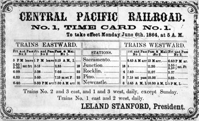 Impresión fotográfica del horario original de la Central Pacific Railroad Company para el 6 de junio de 1864, 1864 de American School