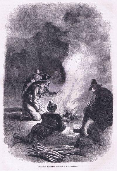 Padres peregrinos alrededor de una fogata, ilustración de la Historia de los Estados Unidos de Cassell, pub. por Petter & Galpin c.1890 de American School