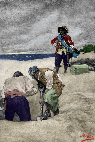 El capitán pirata William Kidd (1645-1701) entierra su tesoro en la isla Gardiner: «Libro de piratas, bucaneros y cimarrones del Mar Caribe» de Howard Pyle (1853-1911), ilustrador estadounidense. 1887. de American School
