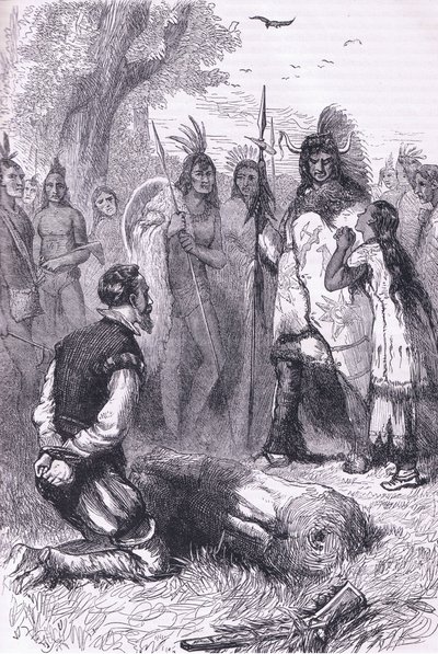 Pocahontas salva la vida del Capitán Smith, ilustración de la Historia de los Estados Unidos de Cassell, pub. por Petter & Galpin c.1890 de American School