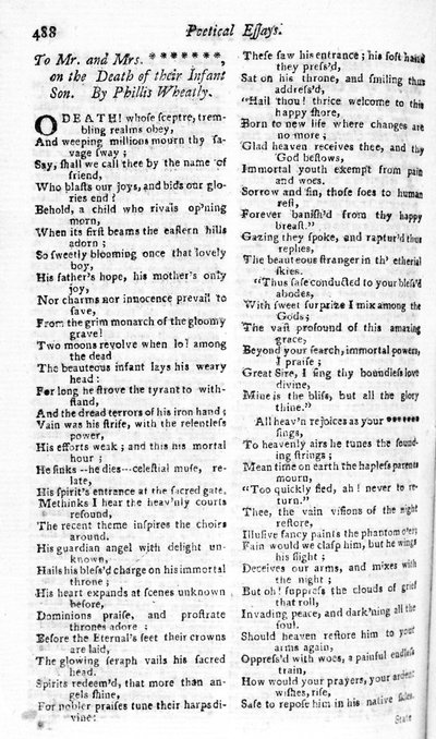 Poema escrito a una pareja por la muerte de su hijo por Phillis Wheatly, publicado en el Boston Magazine, 1783-84 de American School