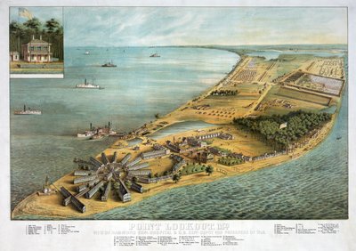 Point Lookout, MD - Vista del Hospital General Hammond y el Depósito General de Prisioneros de Guerra de EE.UU., pub. 1864 de American School