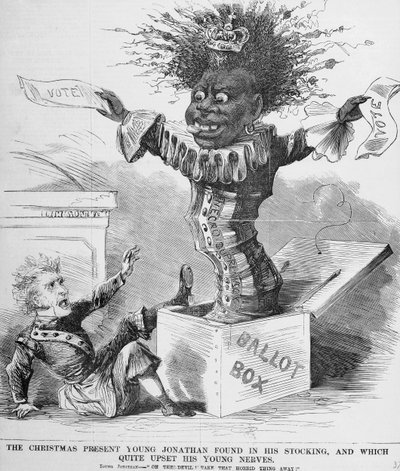 Caricatura política que representa al presidente Andrew Jackson (1767-1845) asustado por la perspectiva del voto negro en América de American School