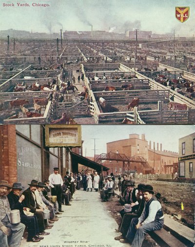 Postal que representa los corrales y mataderos de Chicago y trabajadores con almuerzos en su descanso en Whiskey Row, c.1910 de American School