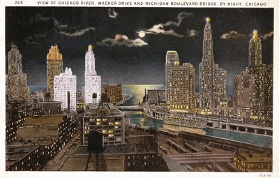 Postal de Chicago de noche, c.1930 de American School